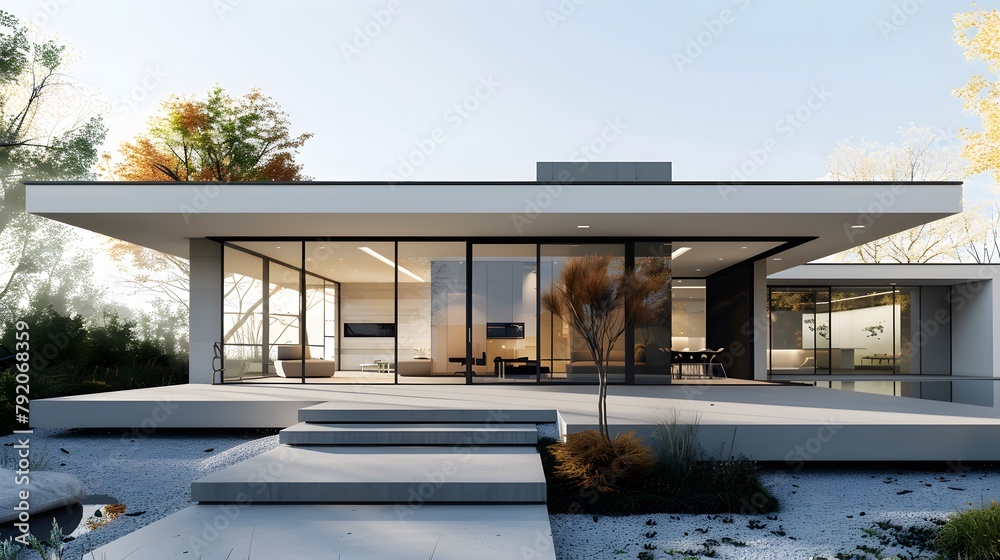 A detailed blueprint of a modern minimalist home with clean lines, large windows, and an open floor plan designed for maximum natural light.