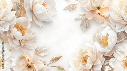 Fototapeta Naklejka Na Ścianę i Meble -  Top view Frame with delicate white and pink peonies on a white background. Wedding template Greeting card, mother's day or women's day. Spring composition with copy space. Flat lay, copy space.