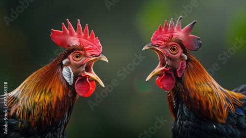 Two Phasianidae roosters with open beaks yelling ai each other © Katsiaryna
