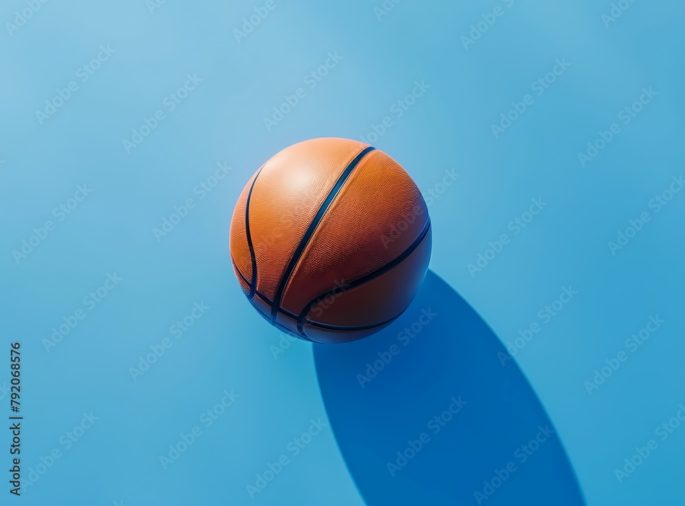 top view of basketball on blue background, soft shadows, vibrant color grading, stock photo, minimalistic