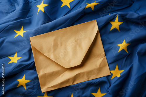 Close-up detail of a voting envelope on a blue European Union flag with 12 stars arranged in a circle. European parliament elections concept photo
