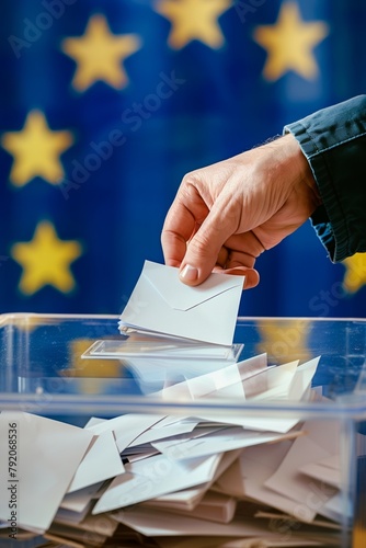 Hand holding an envelope with a ballot next to a ballot box, in the background you can see a blue flag of the European Union with 12 stars arranged in a circle. Europarliament election concept