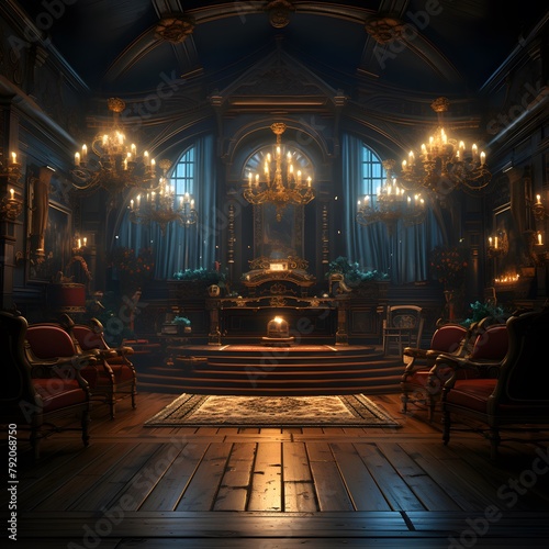 3d rendering of the interior of a church in the night.