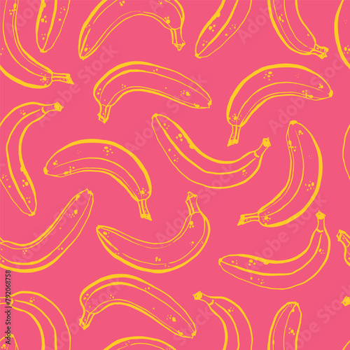 Seamless background with bananas. A hand-drawn illustration of fruits. Yellow bananas in their skins on a pink background. Simple freehand graphics, contours