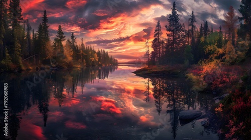 A dramatic composition of a forest landscape at sunset, with the fiery colors of the sky mirrored in the tranquil waters of a winding river