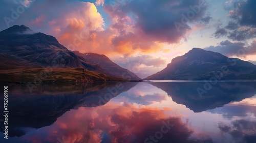Sunset and a cloud covered mountain panorama are reflected in the still lake