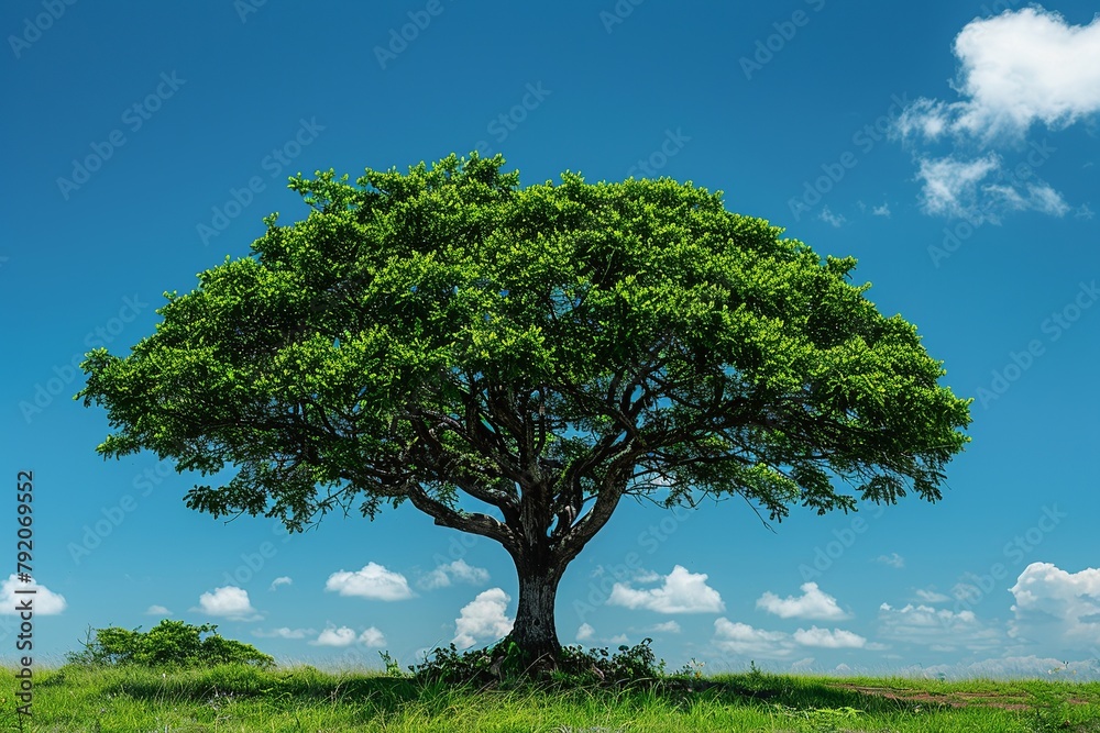Explore a professional image showcasing the lush foliage of a green Ipê tree under the sunlight, set against a backdrop of clear blue skies, capturing the natural beauty Explore a professional image showcasing the lush foliage of a green Ipê tree under the sunlight, set against a backdrop of clear blue skies, capturing the natural beauty