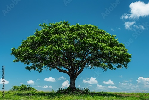Explore a professional image showcasing the lush foliage of a green Ipê tree under the sunlight, set against a backdrop of clear blue skies, capturing the natural beauty 