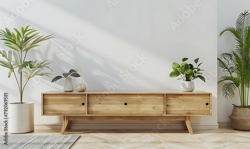 Modern wooden TV stand in empty living room interior mock up © Nafees