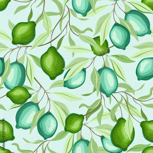 Seamless pattern with lime branches and foliage. Fruits with green and minty hues. Pattern design