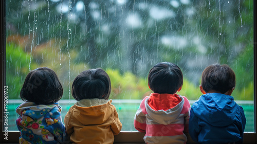 窓から雨が降る外を見る子供達