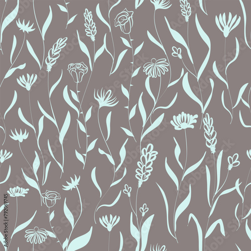  Seamless floral pattern featuring a variety of flowers such as roses, lavender, and daisies, along with leaves, rendered in a hand-painted style. 