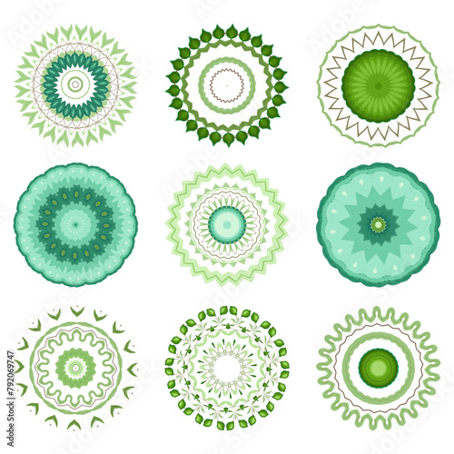 Nine circular designs in a green and turquoise palette on a white background. Each mandala consists of intricate patterns reminiscent of Indian henna tattoos, characterised by a combination of lines