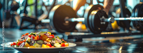 salad healthy nutrition food on the background of the gym