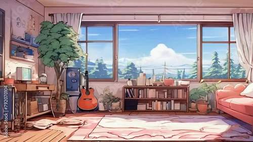 Animated virtual backgrounds, stream overlay loop, cozy lo-fi living room at sunset, Vtuber asset twitch zoom OBS screen, chill hip hop, hand-drawn, Japanese 2D anime style animation 4K video photo
