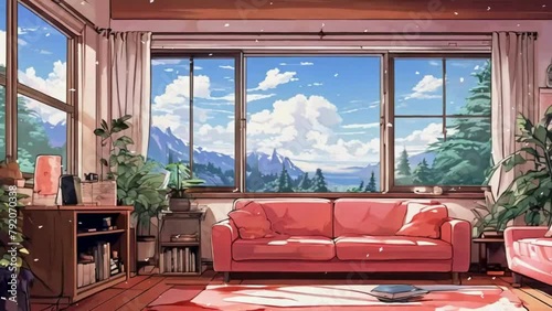 Animated virtual backgrounds, stream overlay loop, cozy lo-fi living room at sunset, Vtuber asset twitch zoom OBS screen, chill hip hop, hand-drawn, Japanese 2D anime style animation 4K video photo