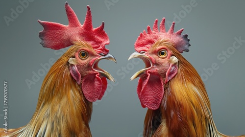 Two Phasianidae roosters with open beaks yelling ai each other, studio photo photo