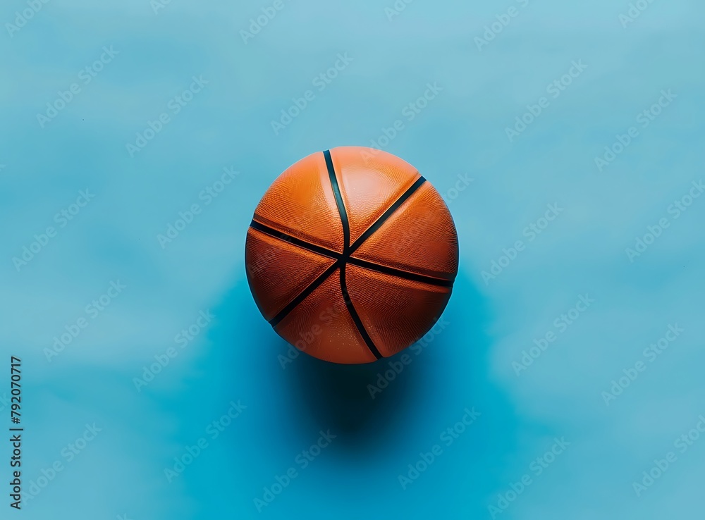top view of one basketball on blue background, 