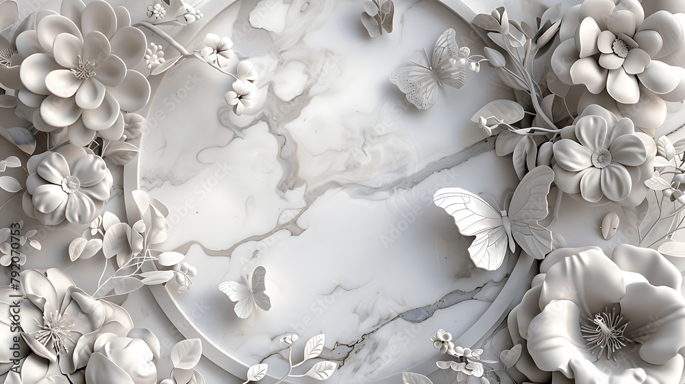 an exquisite arrangement of 3D white and grey flowers, delicate leaves, and graceful butterflies encircling a circular frame an exquisite arrangement of 3D white and grey flowers, delicate leaves, and graceful butterflies encircling a circular frame