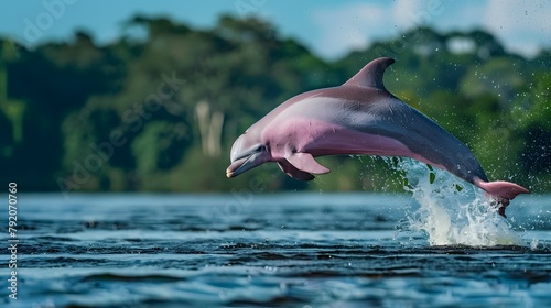 A graceful pink river dolphin breaching the surface of a tranquil Amazonian river, its sleek form contrasting against the deep blue waters. photo