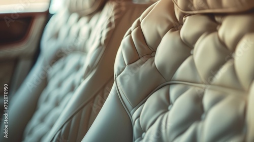 The image highlights the sumptuous texture and plush feel of a cream leather car seat, with a focus on the comfort and luxury it provides. © Ammar
