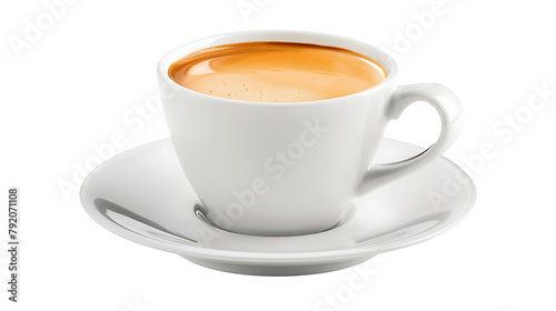 a white ceramic coffee cup placed on a matching saucer. The cup is filled with freshly brewed coffee, exhibiting a rich, creamy brown color