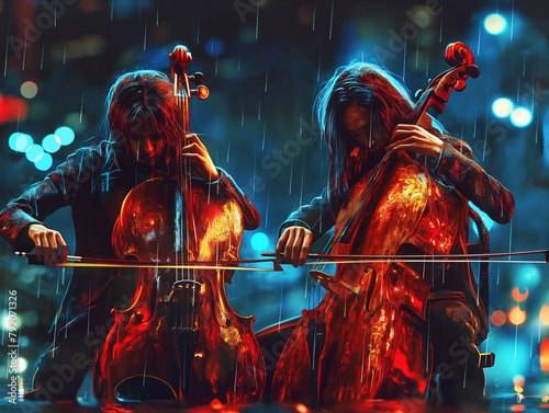 Two women playing cellos in the rain. Scene is melancholic and romantic