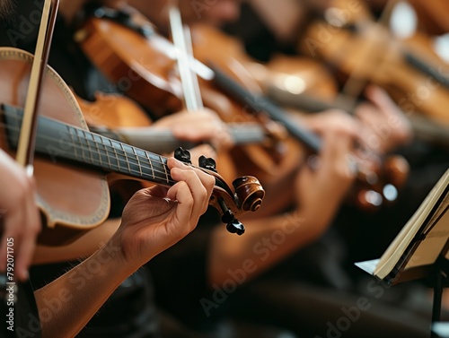 A group of musicians playing violins. Scene is one of harmony and unity as the musicians work together to create beautiful music