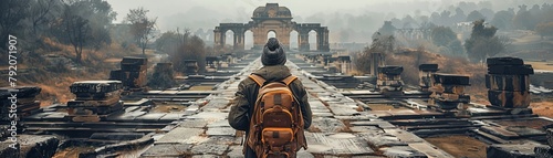Young Indian man with backpack and camera explores ancient ruins, traveling for discovery amidst historical architecture photo