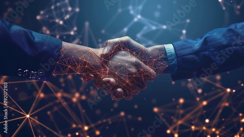 Two hands in a handshake overlaid with a dynamic digital network pattern, symbolizing connectivity and futuristic agreements.