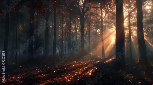 A hauntingly beautiful scene of a dark forest at sunset  where the last rays of sunlight pierce through the dense canopy  casting long shadows on the forest floor in stunning 4K realism.