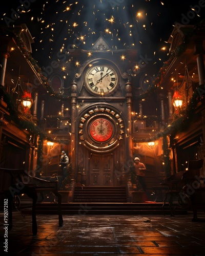 Old wooden clock on the background of a night city. 3d illustration