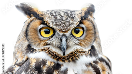 A close-up view of an owl with piercing yellow eyes  showcasing its intense gaze and intricate feather details