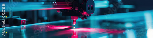 A detailed view of a machine in action, cutting through a red material photo