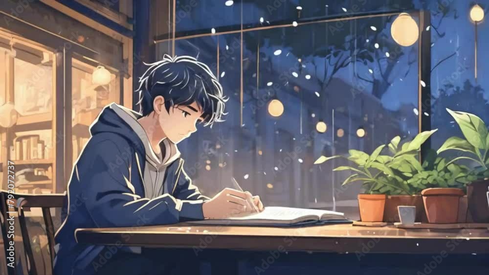 LoFi boy enjoying studying Break time, anime style, lo-fi aesthetic, vaporwave. Seamless Looping animation, perfect for beats.