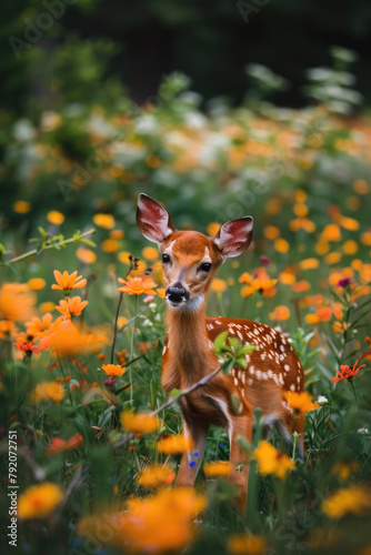 A small deer is standing amidst a field of colorful flowers, blending in seamlessly with its surroundings © sommersby
