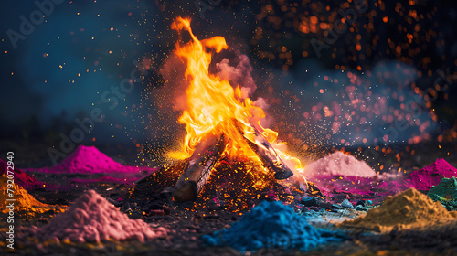 a vibrant and colorful bonfire surrounded by piles of brightly colored powders. The central focus is on the bright, fiery flames that reach upwards