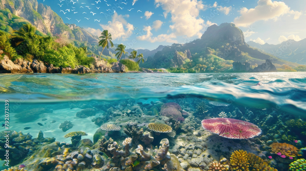 An underwater view of a vibrant coral reef with various marine life, set against a distant mountain in the background