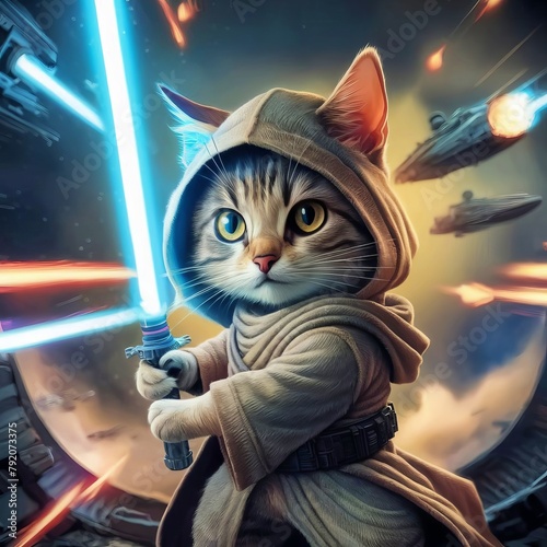 Pet costume, Funny cat in Jedi robe clothes and with a lightsaber, battle background, cute pet for lantern, poster, print, design card, banner, flyer