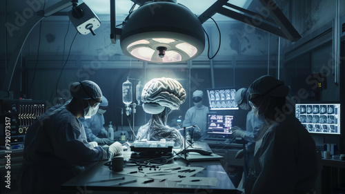 A group of surgeons are working on a brain in a lab photo