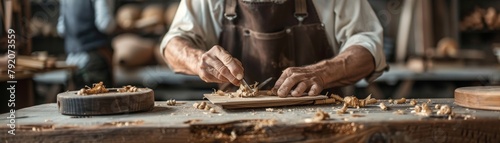 In a warmly lit workshop, an elderly man imparts woodworking skills to young adults, emphasizing hands and tools