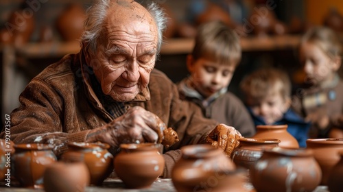 Elderly man educates kids in pottery at a studio, molding clay for an artistic learning experience photo