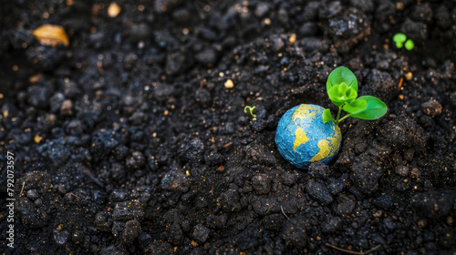 A small green plant emerges from the soil, growing upwards towards the sunlight