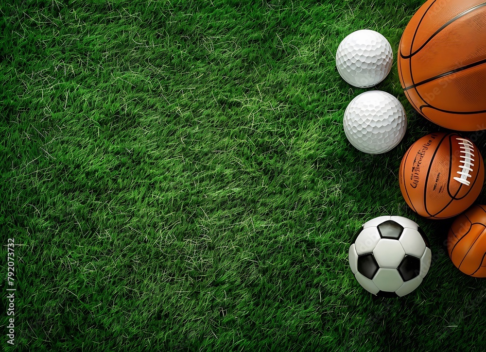 Top view of various sports equipment on a green grass background with copy space 