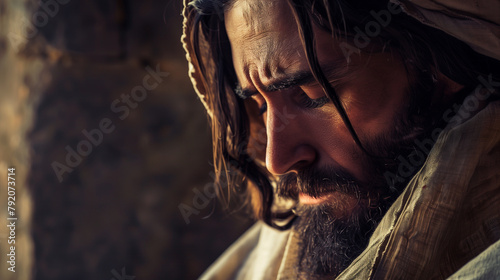 An emotional portrayal of Jesus praying fervently in a dimly lit room, his face etched with intensity and devotion, conveying the depth of his spiritual struggle and reliance on di