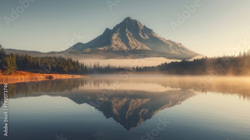 Volcanic mountain in morning light reflected in calm waters of lake. © Ammar