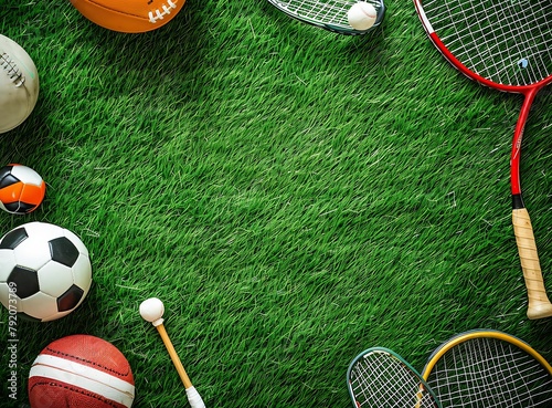 Top view of various sports equipment on a green grass background with copy space, includin