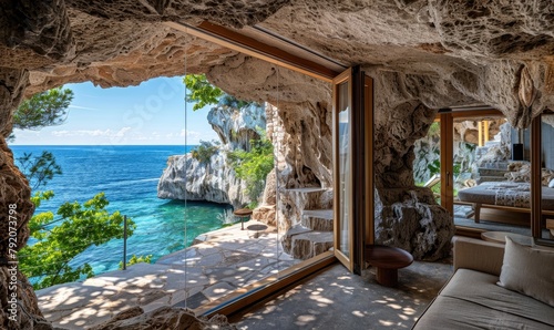 A living room of a villa shaped like blocks of limestone rock along the cliff facing the sea, with waterfalls from the roof