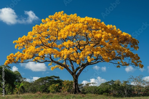 Capture a captivating shot of a yellow Ipê tree in full bloom, where radiant yellow blossoms stand out against vivid green leaves and a clear blue sky