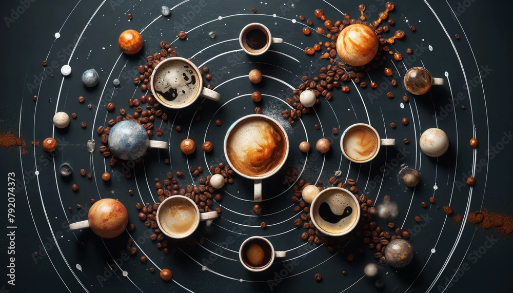 Cups and with black coffee and coffee beens- the solar system